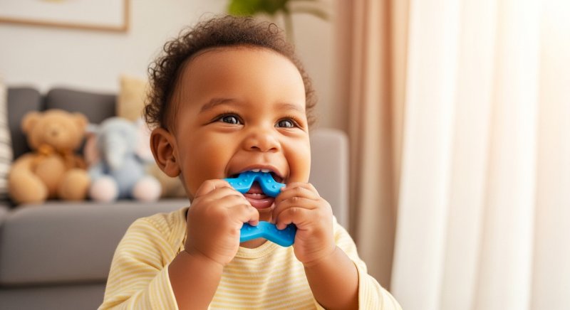baby chewing on a teething ring